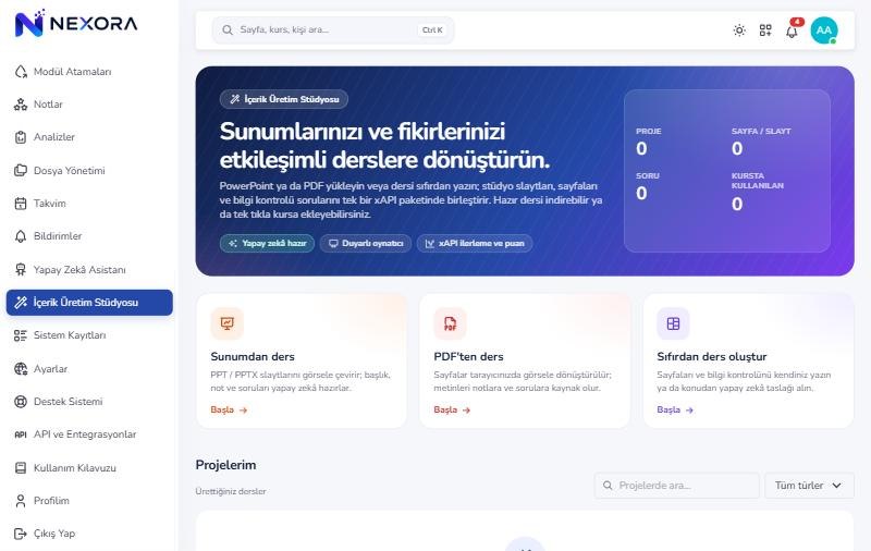 Nexora LMS eğitmenim görünümü