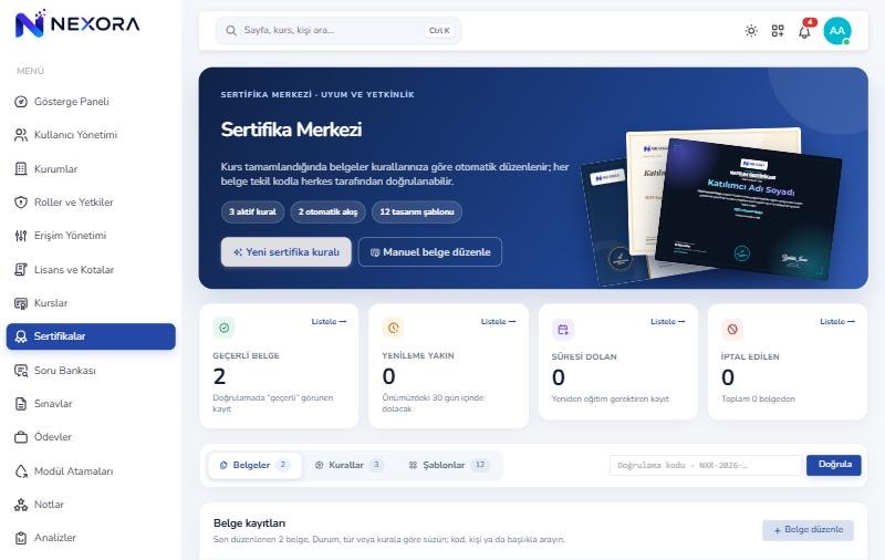 Nexora LMS sertifikalar ekranı