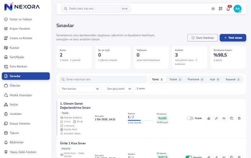 Nexora LMS sınavlar ekranı