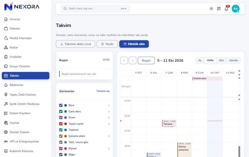Nexora LMS takvim ekranı